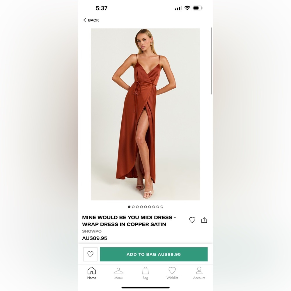 Showpo copper satin wrap dress NWT